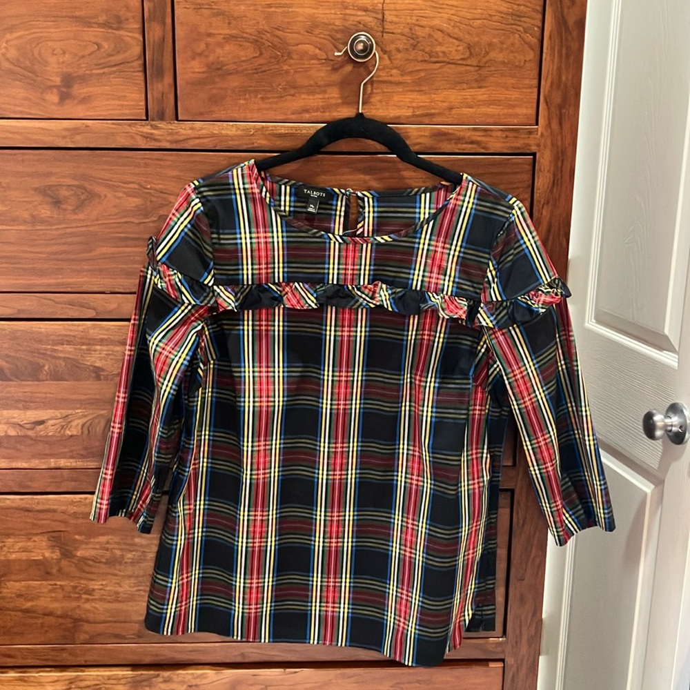 Talbots Tartan Plaid Ruffle Side Zip Blouse Holiday, size Medium Petite